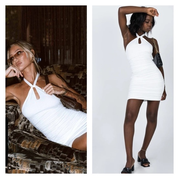 Princess Polly Dresses & Skirts - Princess Polly White Halter Neck Ruched Bodycon Mini Dress Size 0 NWT